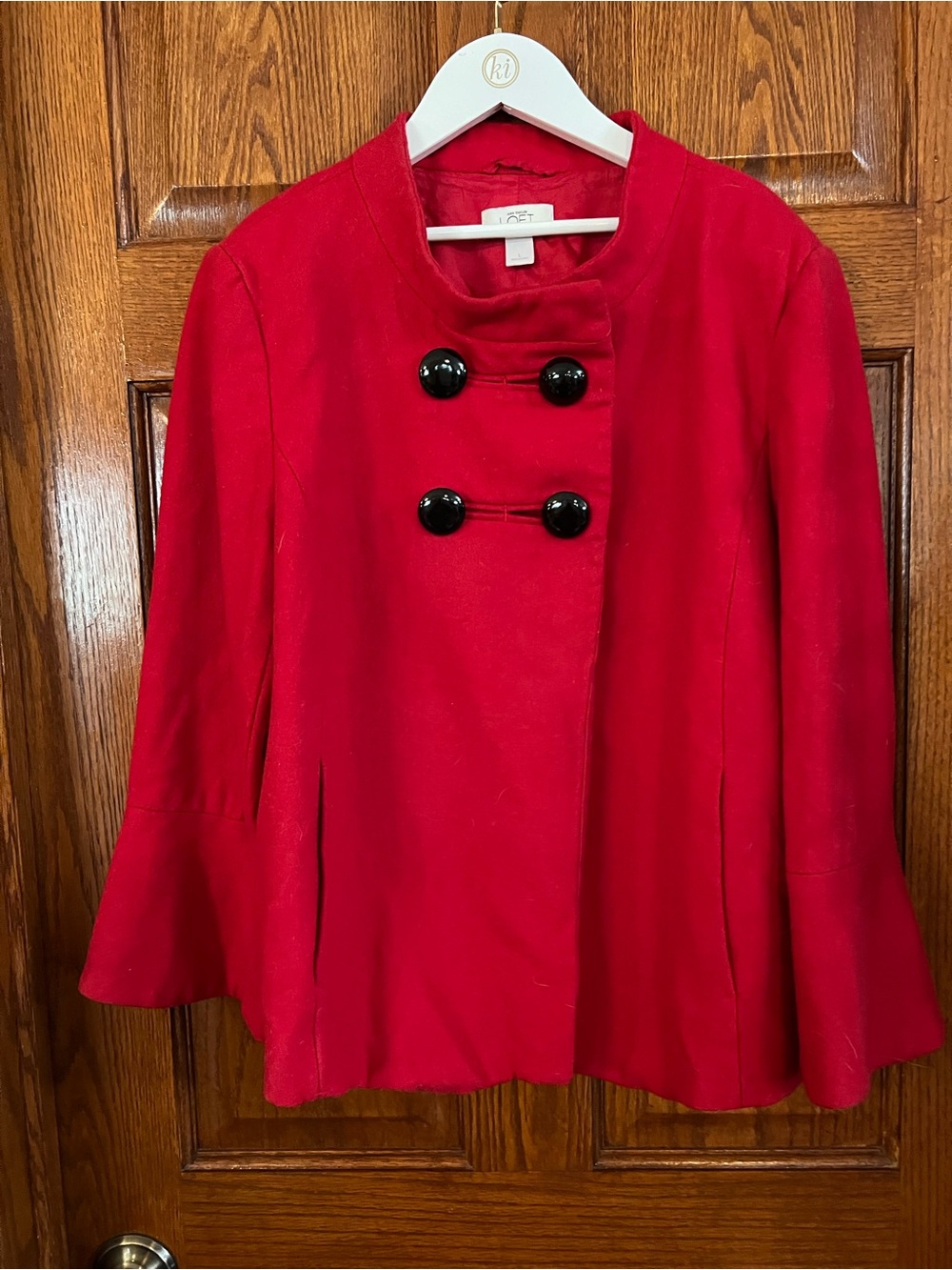 Ann Taylor Loft Large Red Wool Blend Short Pea Coat Black Buttons Flutter Cuff